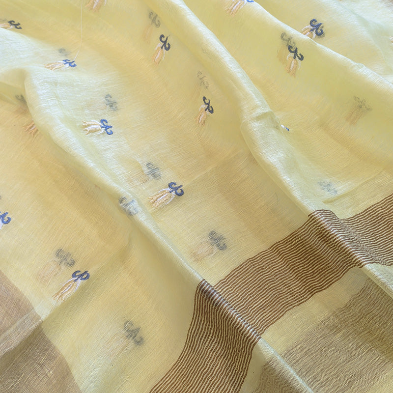 Pure tussar linen handloom unstitched kurta,bottom & dupatta set with floral embroidery-Bright yellow