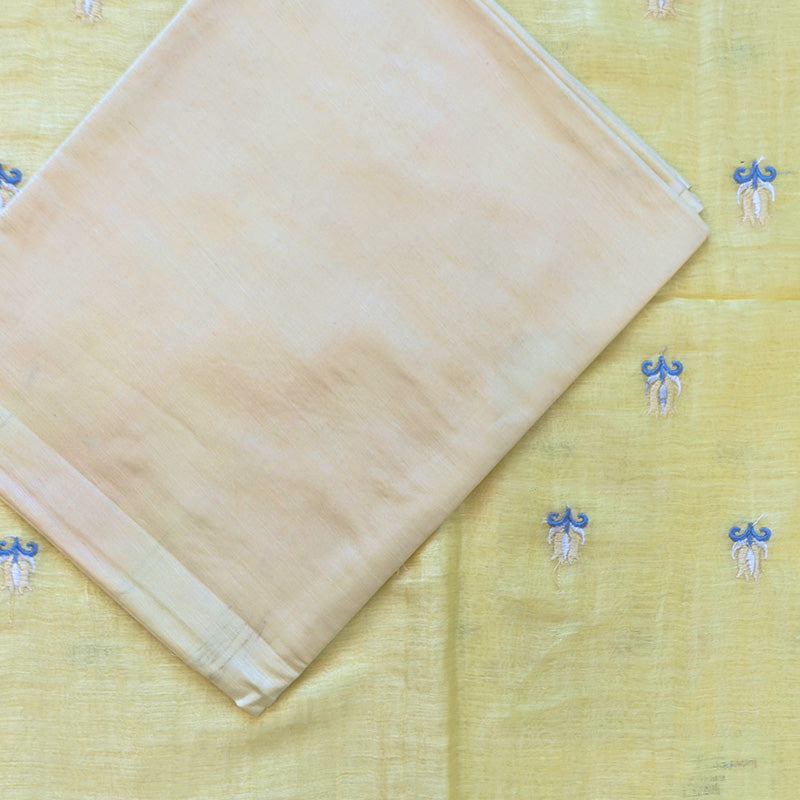 Pure tussar linen handloom unstitched kurta,bottom & dupatta set with floral embroidery-Bright yellow