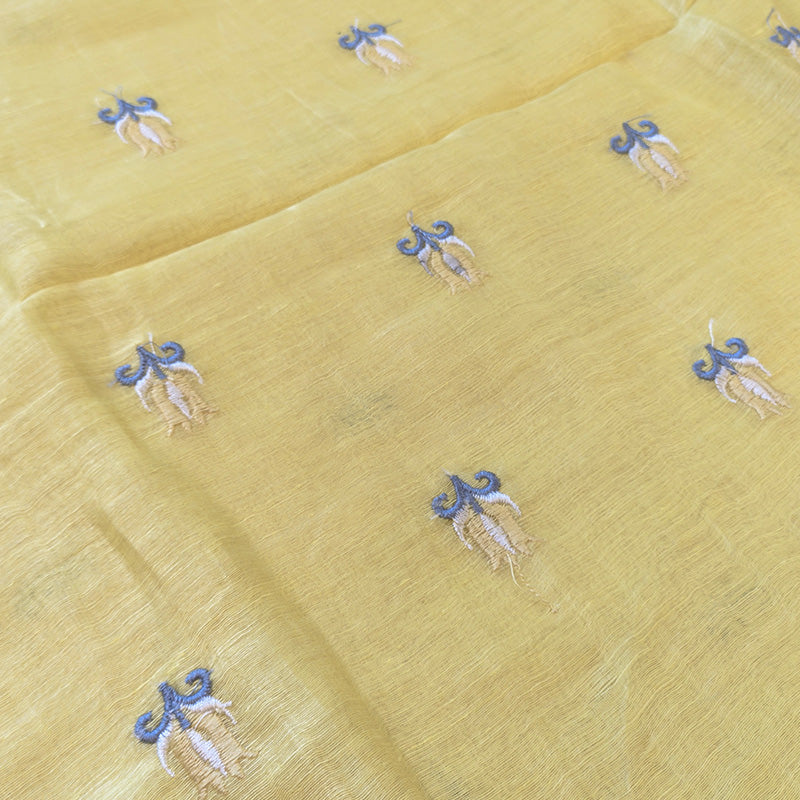 Pure tussar linen handloom unstitched kurta,bottom & dupatta set with floral embroidery-Bright yellow