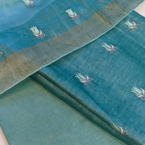 Pure tussar linen handloom unstitched kurta,bottom & dupatta set with floral embroidery-turquoise