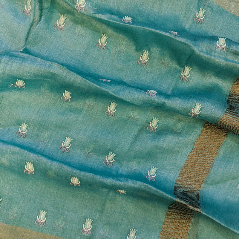 Pure tussar linen handloom unstitched kurta,bottom & dupatta set with floral embroidery-turquoise