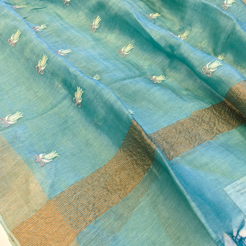 Pure tussar linen handloom unstitched kurta,bottom & dupatta set with floral embroidery-turquoise