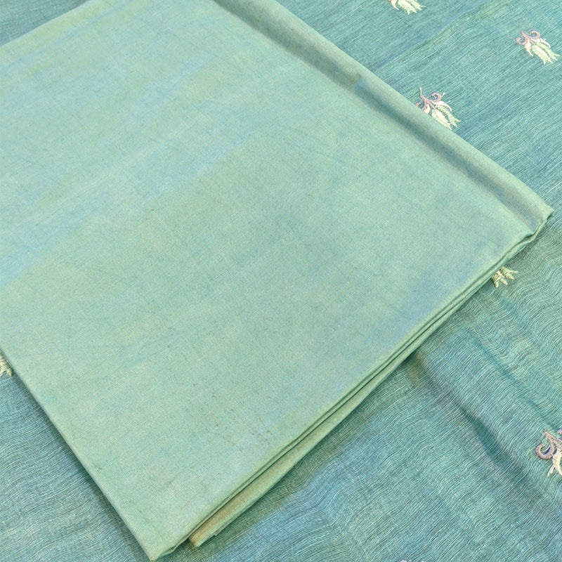 Pure tussar linen handloom unstitched kurta,bottom & dupatta set with floral embroidery-turquoise