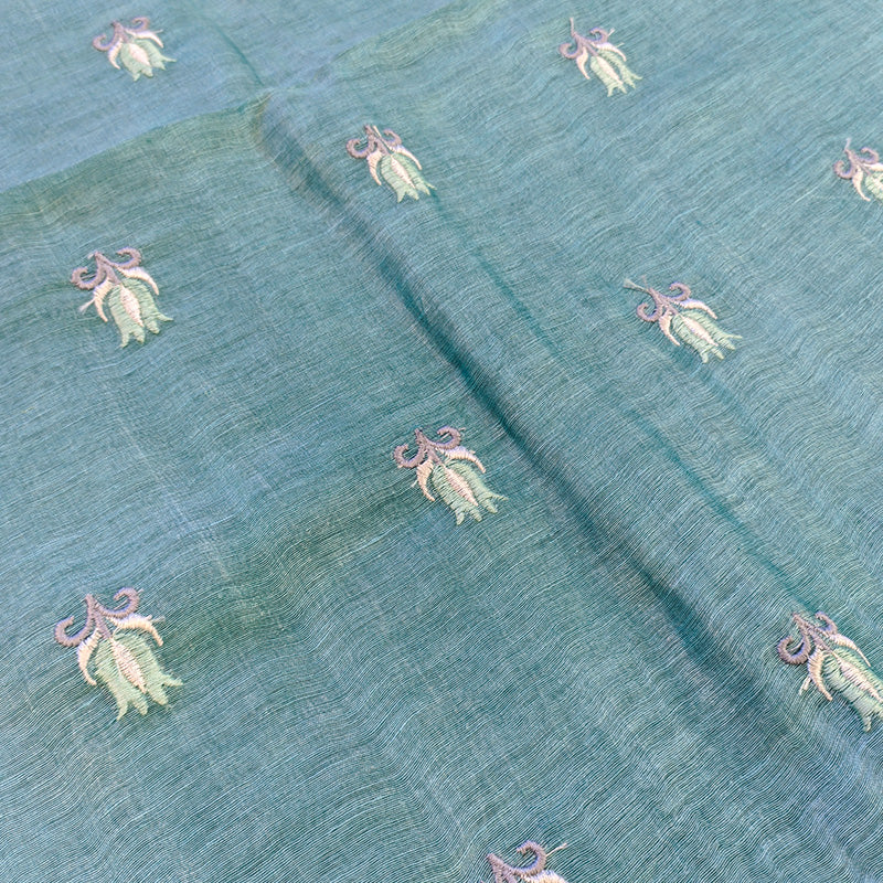 Pure tussar linen handloom unstitched kurta,bottom & dupatta set with floral embroidery-turquoise