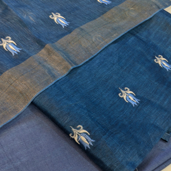 Pure tussar linen handloom unstitched kurta,bottom & dupatta set with floral embroidery-berryblue