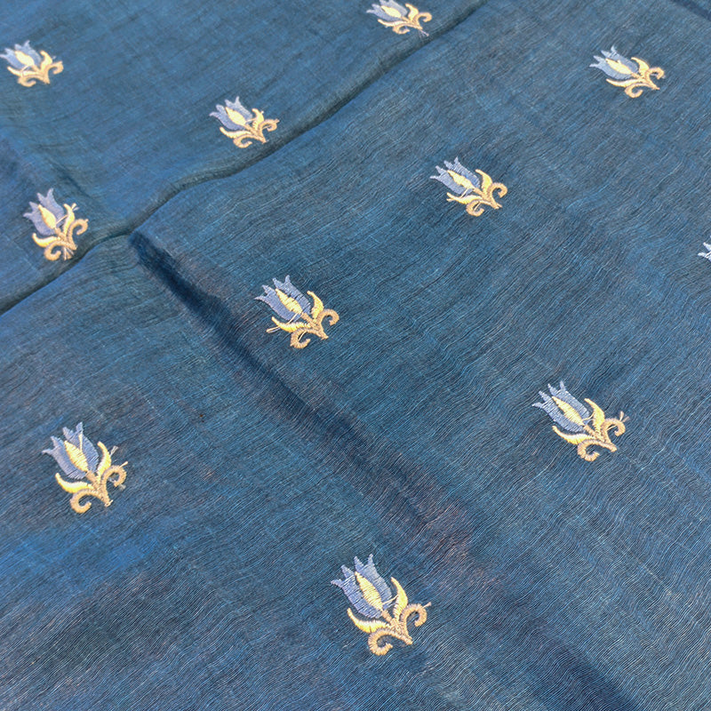 Pure tussar linen handloom unstitched kurta,bottom & dupatta set with floral embroidery-berryblue