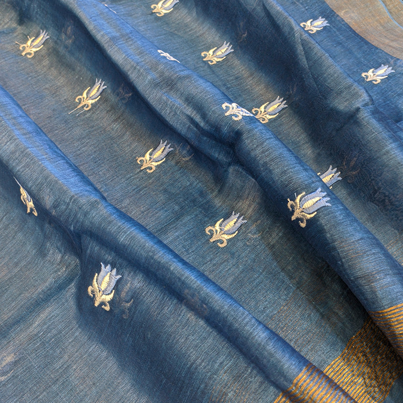 Pure tussar linen handloom unstitched kurta,bottom & dupatta set with floral embroidery-berryblue
