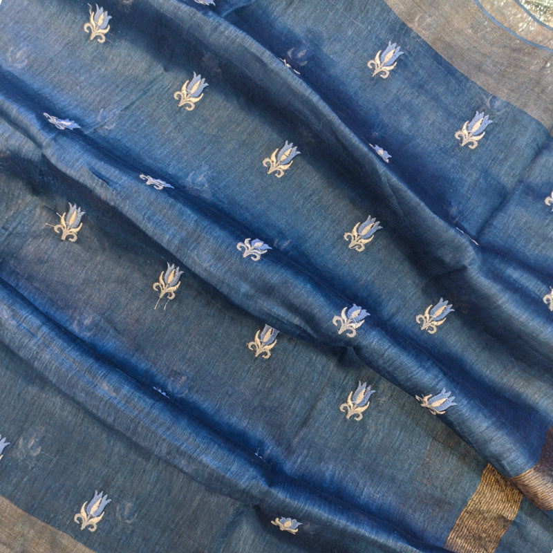 Pure tussar linen handloom unstitched kurta,bottom & dupatta set with floral embroidery-berryblue