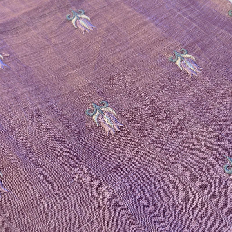 Pure tussar linen handloom unstitched kurta,bottom & dupatta set with floral embroidery-purple