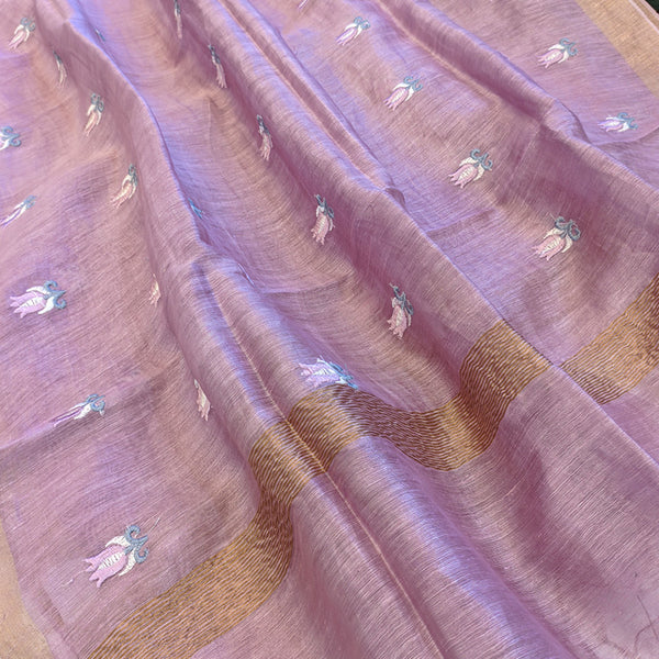 Pure tussar linen handloom unstitched kurta,bottom & dupatta set with floral embroidery-purple