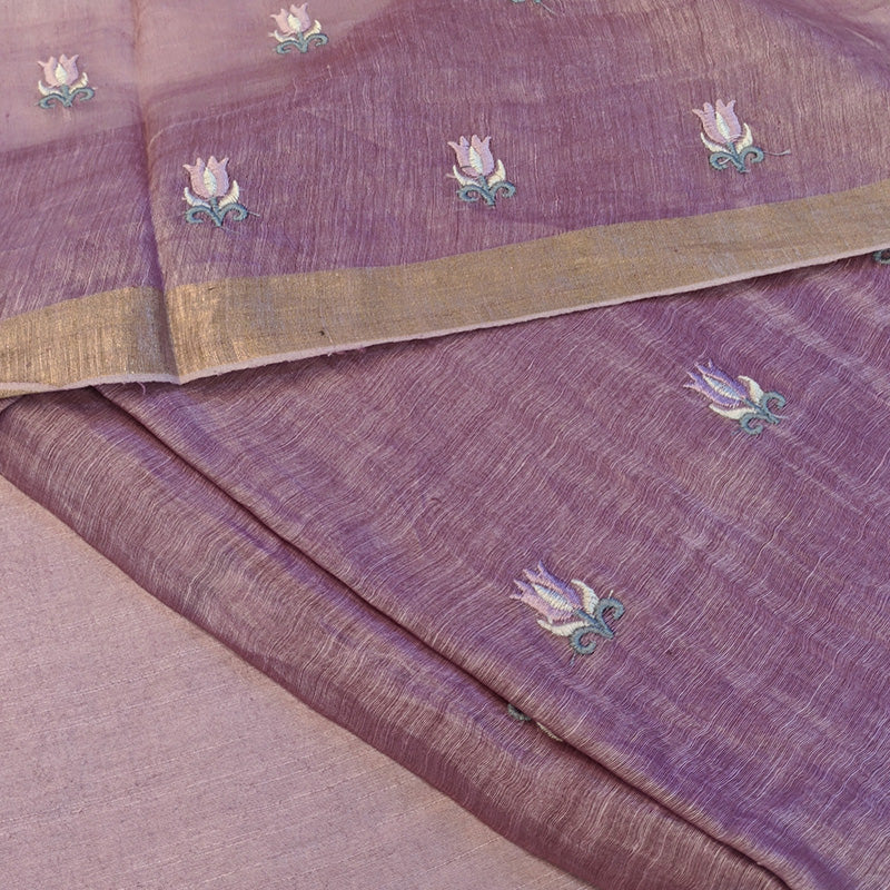 Pure tussar linen handloom unstitched kurta,bottom & dupatta set with floral embroidery-purple