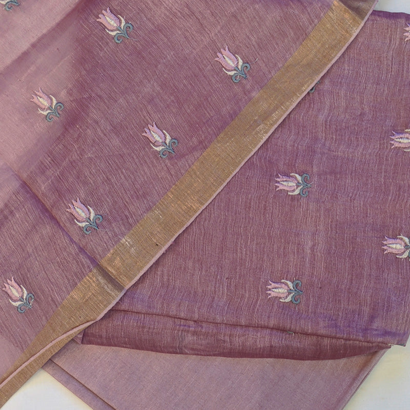 Pure tussar linen handloom unstitched kurta,bottom & dupatta set with floral embroidery-purple