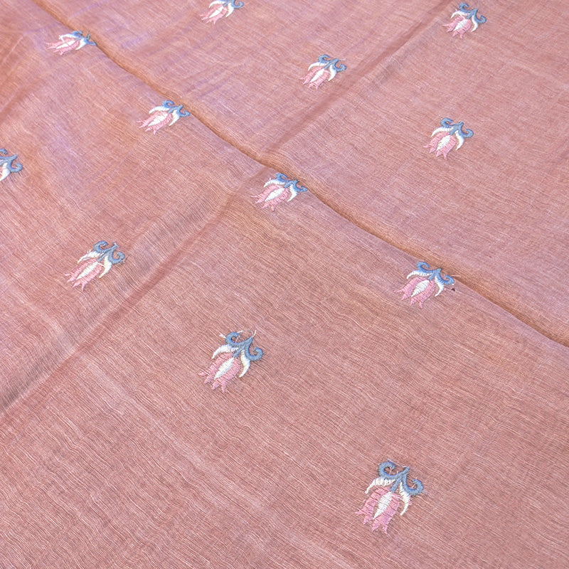 Pure tussar linen handloom unstitched kurta,bottom & dupatta set with floral embroidery-light pink