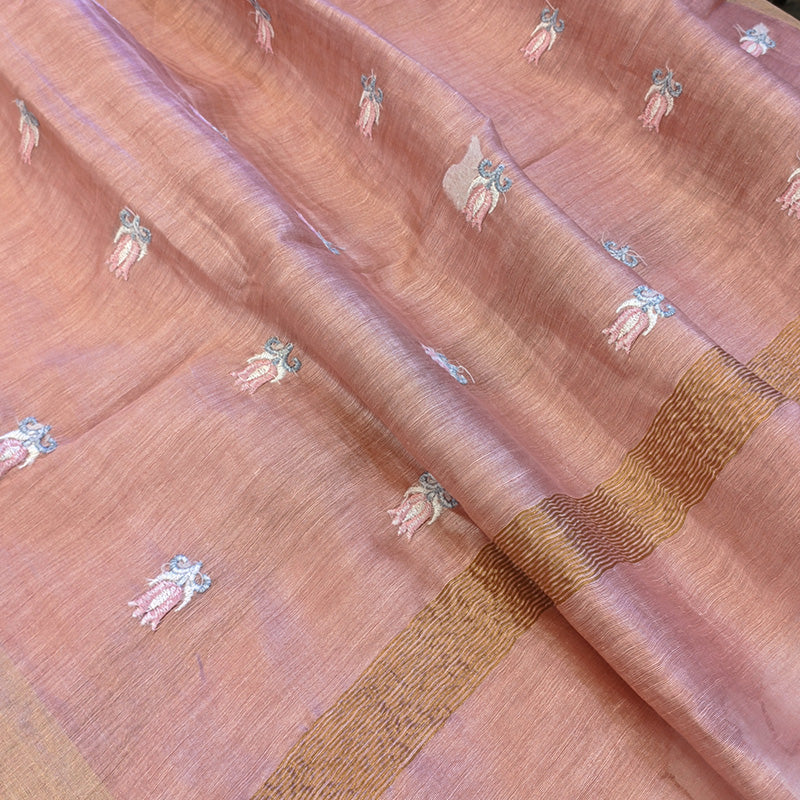 Pure tussar linen handloom unstitched kurta,bottom & dupatta set with floral embroidery-light pink