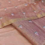 Pure tussar linen handloom unstitched kurta,bottom & dupatta set with floral embroidery-light pink