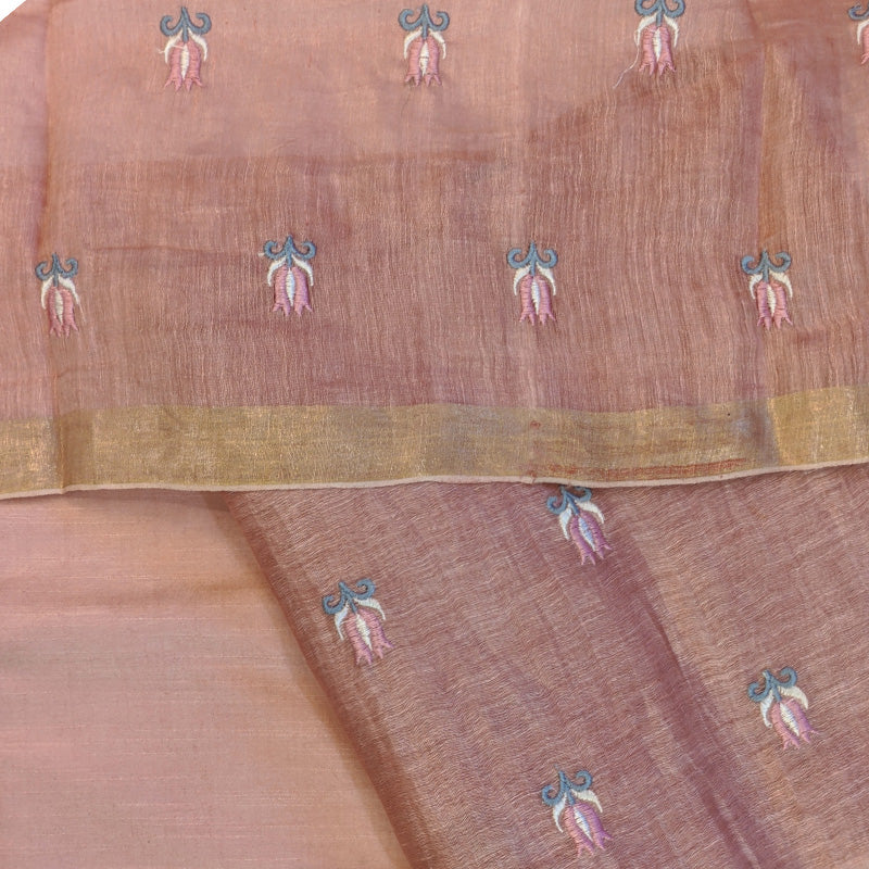 Pure tussar linen handloom unstitched kurta,bottom & dupatta set with floral embroidery-light pink