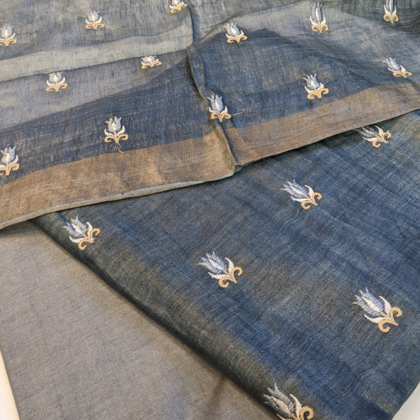 Pure tussar linen handloom unstitched kurta,bottom & dupatta set with floral embroidery-grey