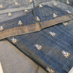 Pure tussar linen handloom unstitched kurta,bottom & dupatta set with floral embroidery-grey