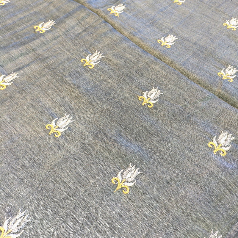 Pure tussar linen handloom unstitched kurta,bottom & dupatta set with floral embroidery-grey