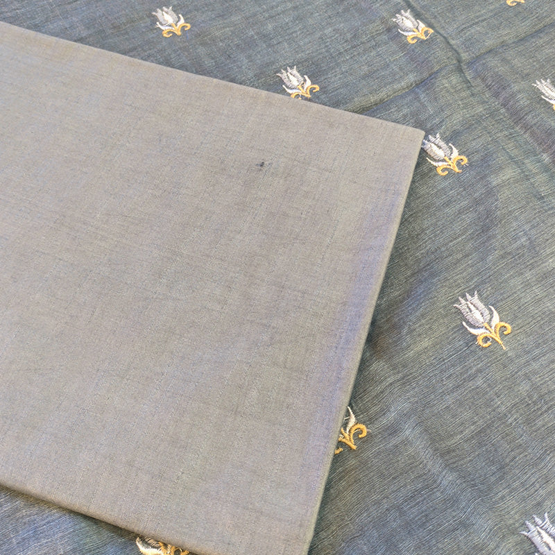 Pure tussar linen handloom unstitched kurta,bottom & dupatta set with floral embroidery-grey