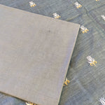 Pure tussar linen handloom unstitched kurta,bottom & dupatta set with floral embroidery-grey