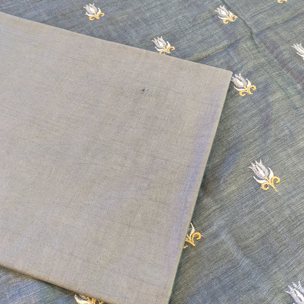 Pure tussar linen handloom unstitched kurta,bottom & dupatta set with floral embroidery-grey
