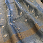 Pure tussar linen handloom unstitched kurta,bottom & dupatta set with floral embroidery-grey