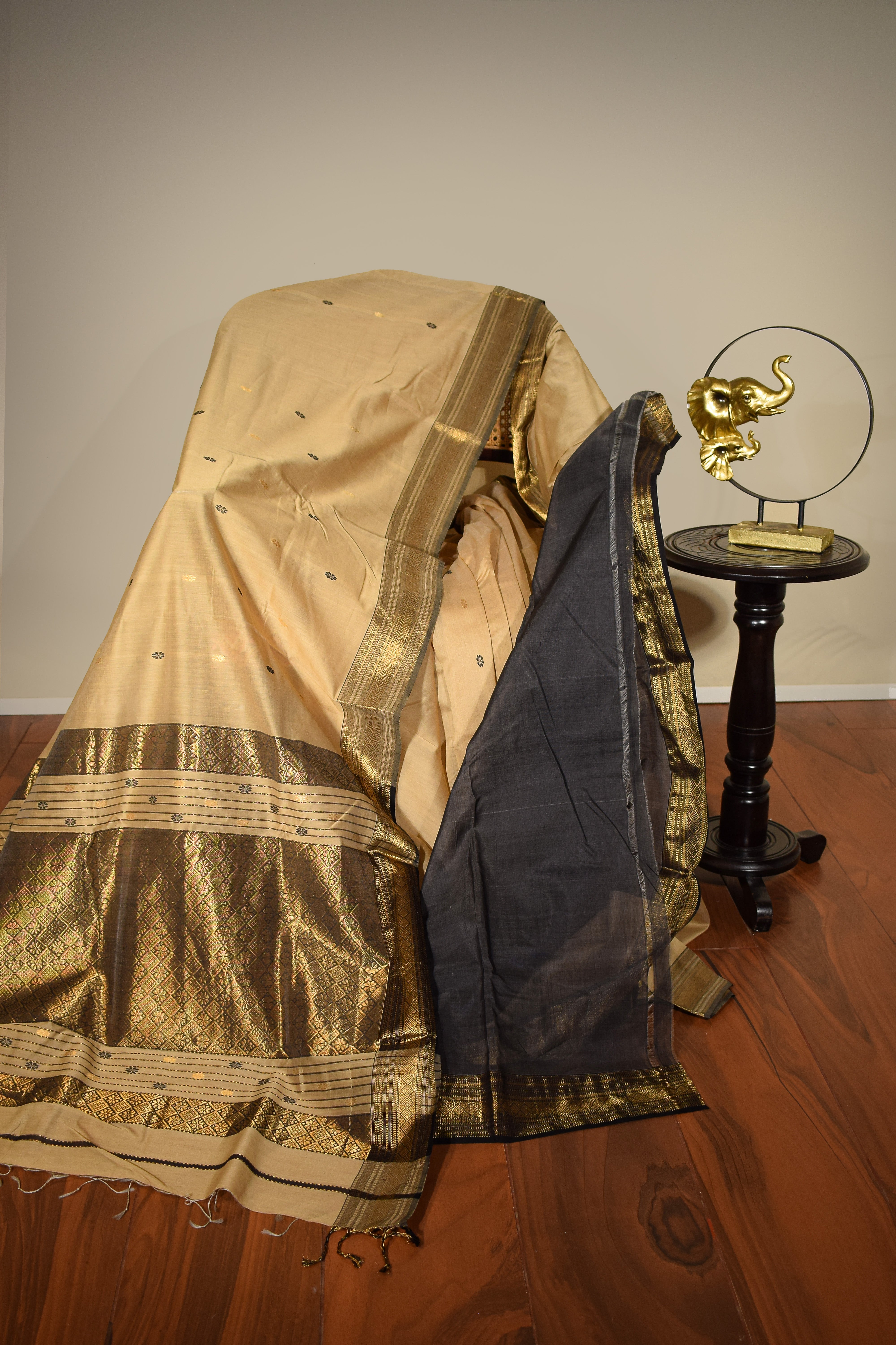 Beige Maheshwari Cotton Silk Saree with Black Border