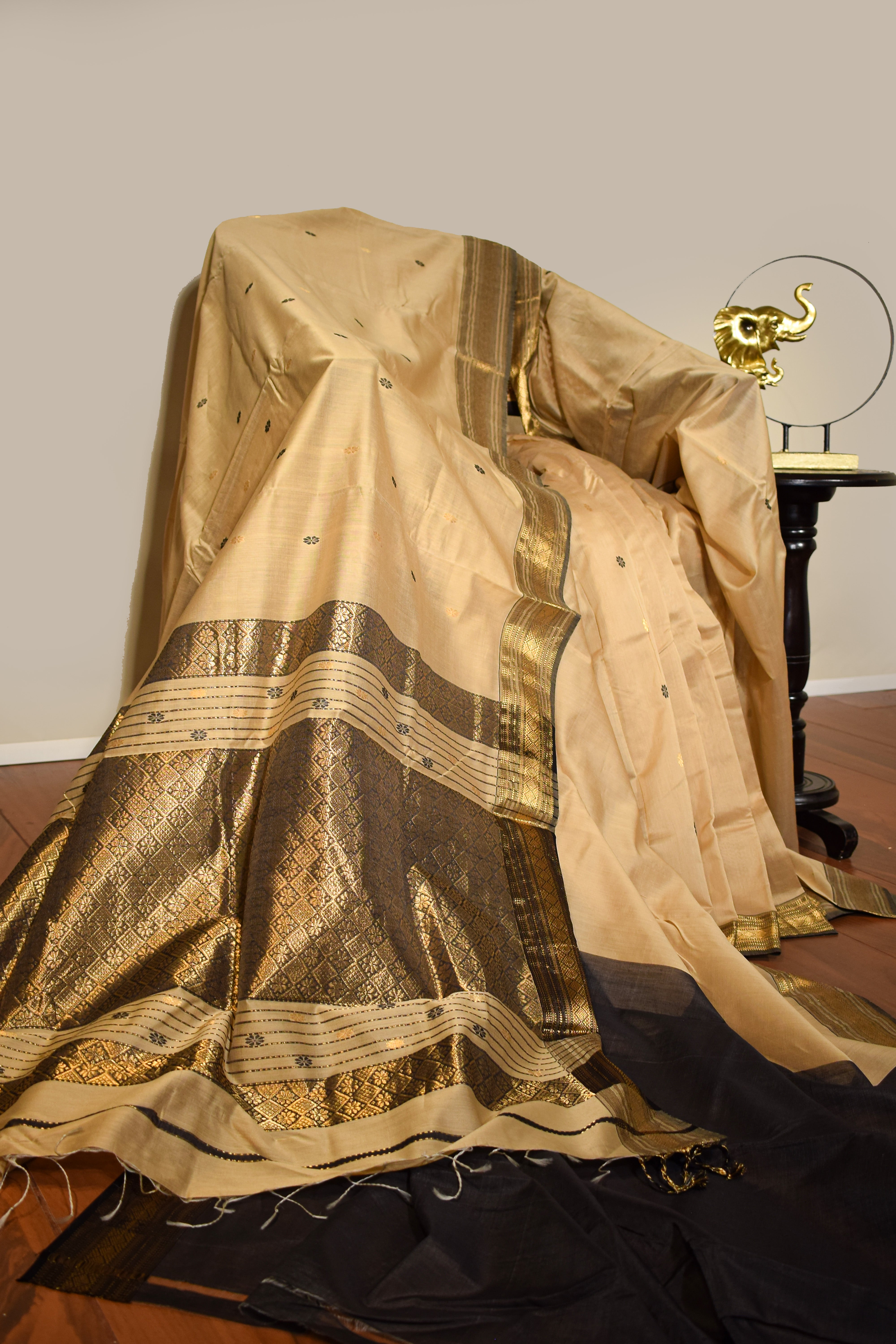 Beige Maheshwari Cotton Silk Saree with Black Border