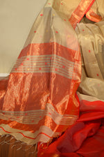 Beige Maheshwari Cotton Silk Saree with Red Border