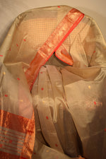 Beige Maheshwari Cotton Silk Saree with Red Border