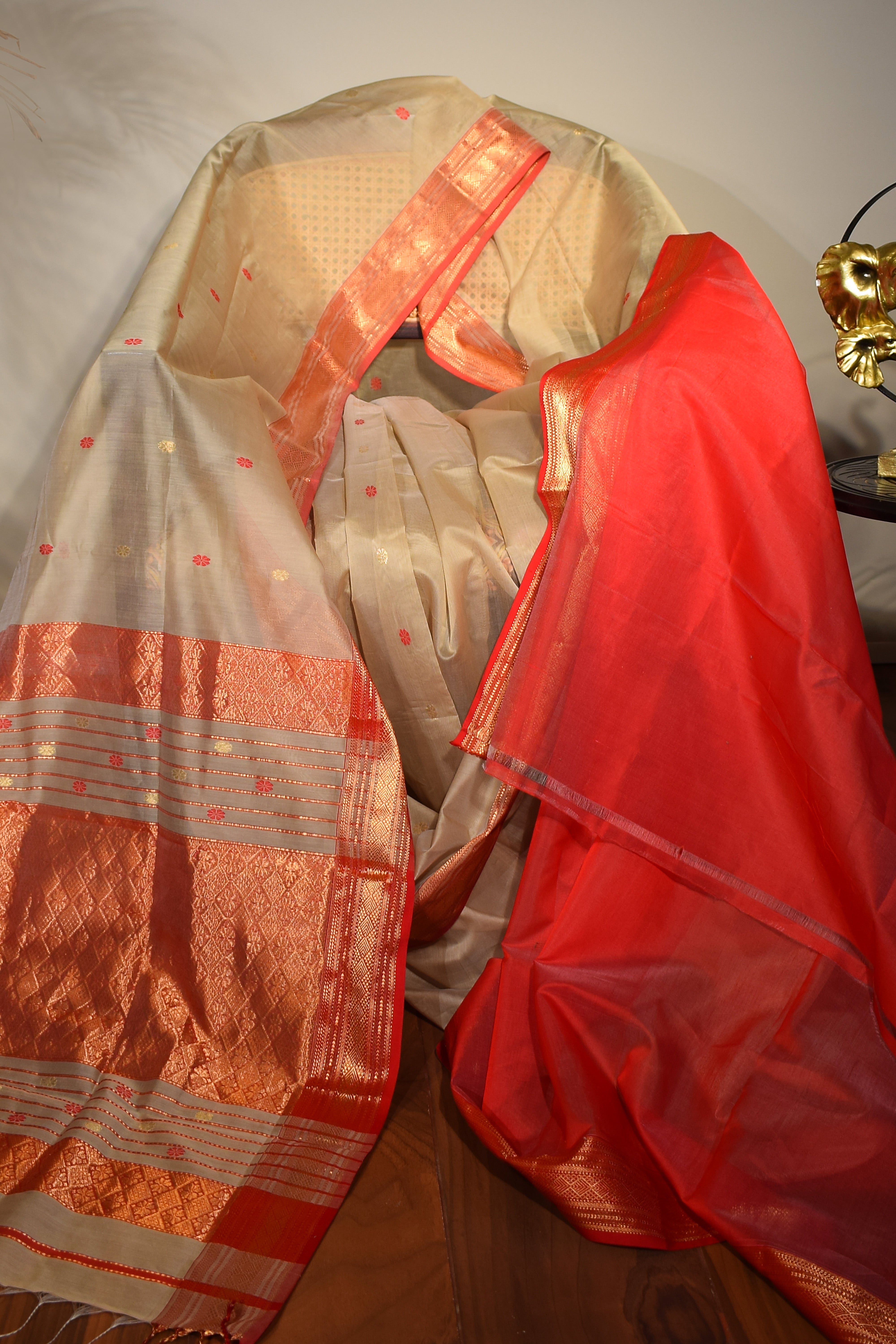 Beige Maheshwari Cotton Silk Saree with Red Border