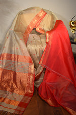 Beige Maheshwari Cotton Silk Saree with Red Border