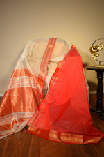 Ivory Maheshwari Cotton Silk Saree with Red Border