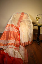 Ivory Maheshwari Cotton Silk Saree with Red Border