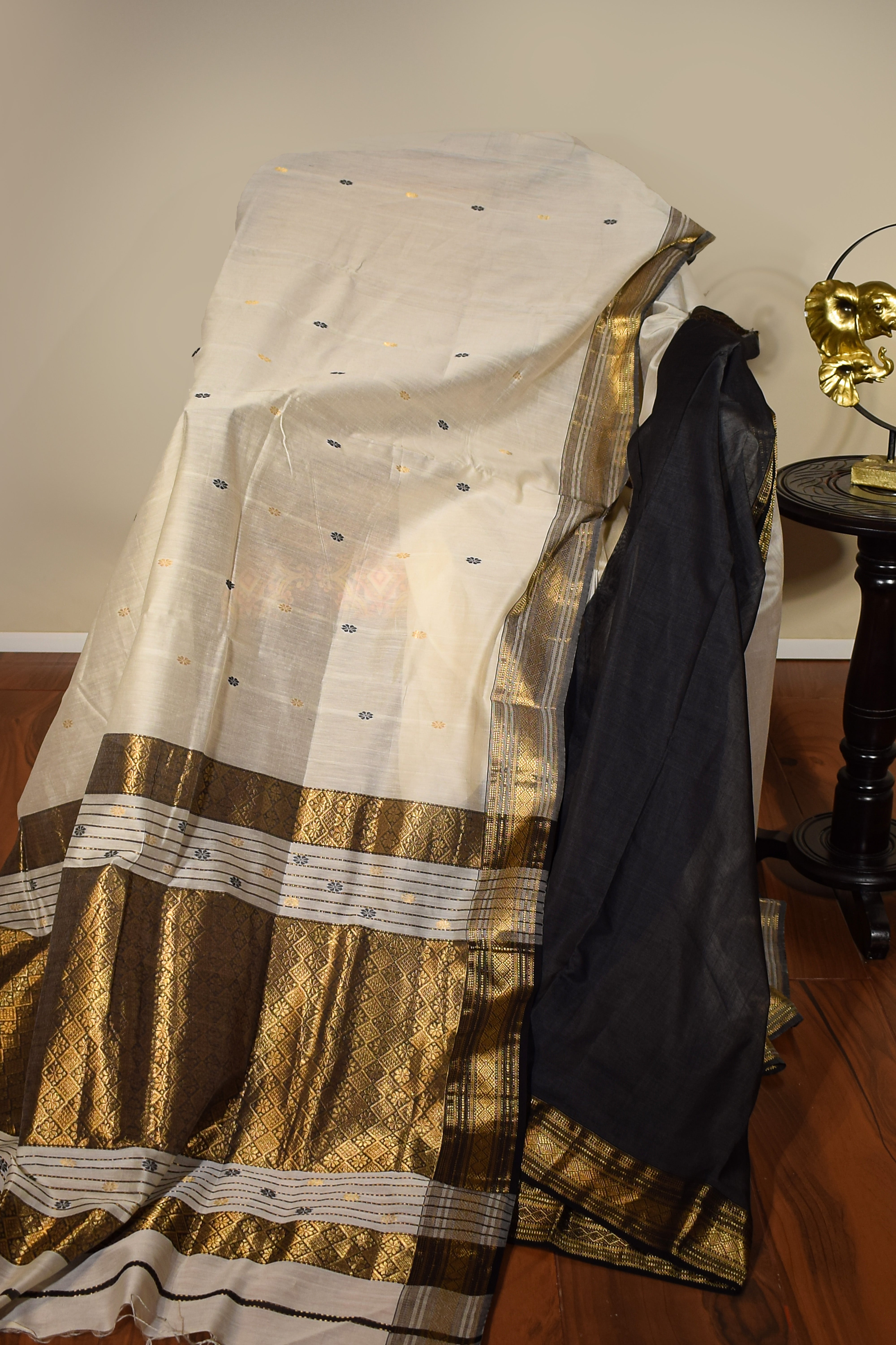 Ivory Maheshwari Cotton Silk Saree with Black Border