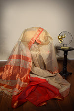 Beige Maheshwari Cotton Silk Saree with Red Border