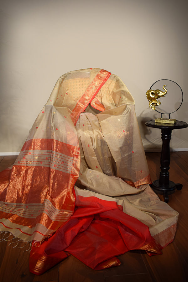 Beige Maheshwari Cotton Silk Saree with Red Border