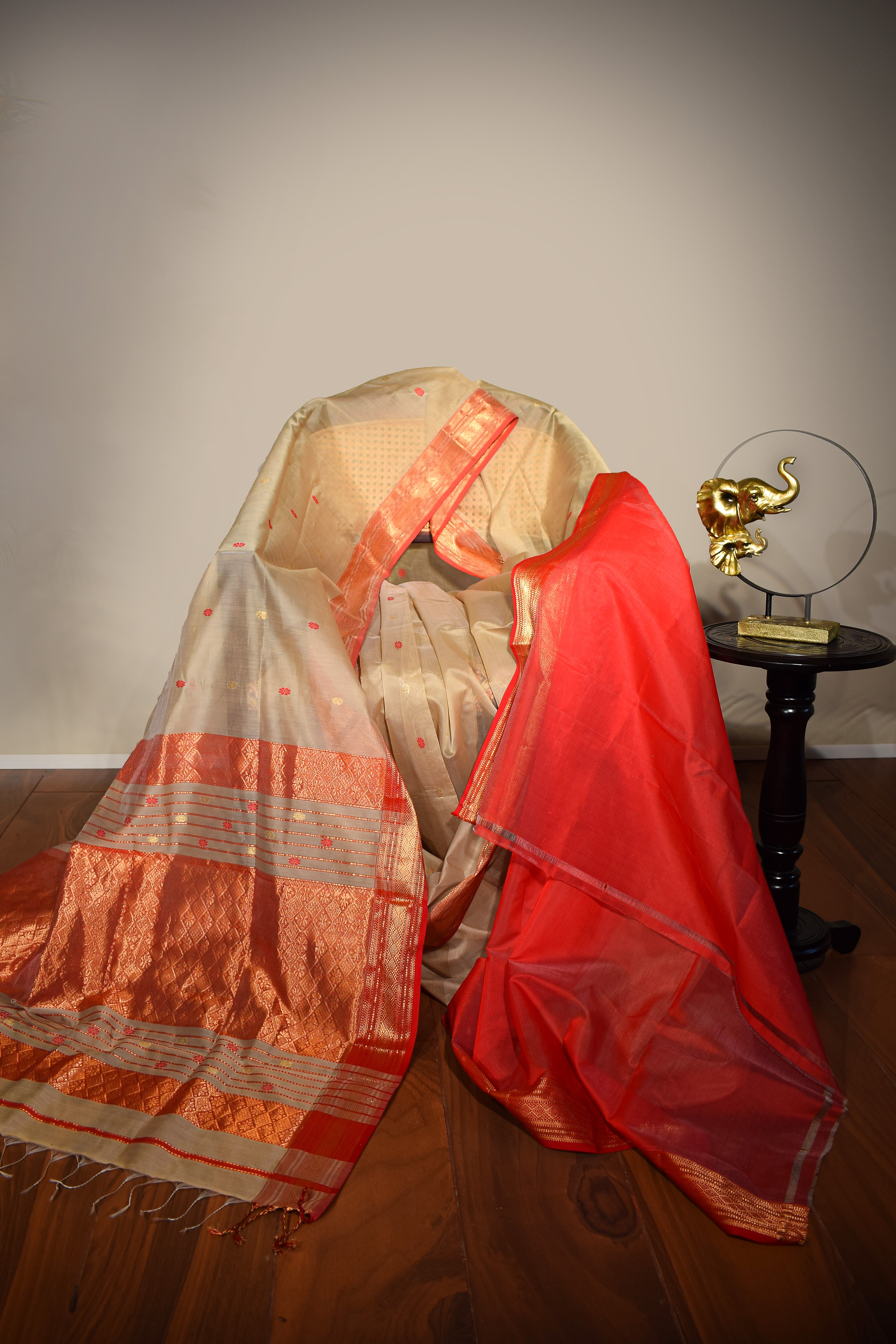 Beige Maheshwari Cotton Silk Saree with Red Border