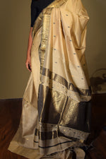 Beige Maheshwari Cotton Silk Saree with Black Border