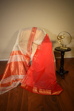 Ivory Maheshwari Cotton Silk Saree with Red Border