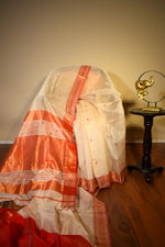 Ivory Maheshwari Cotton Silk Saree with Red Border