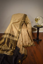 Beige Maheshwari Cotton Silk Saree with Black Border