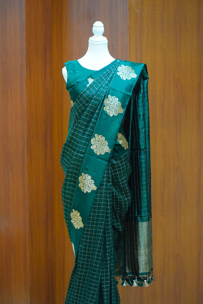 Pure Katan silk kadwa Banarasi saree with golden zari checks & floral motifs border-Bottle green