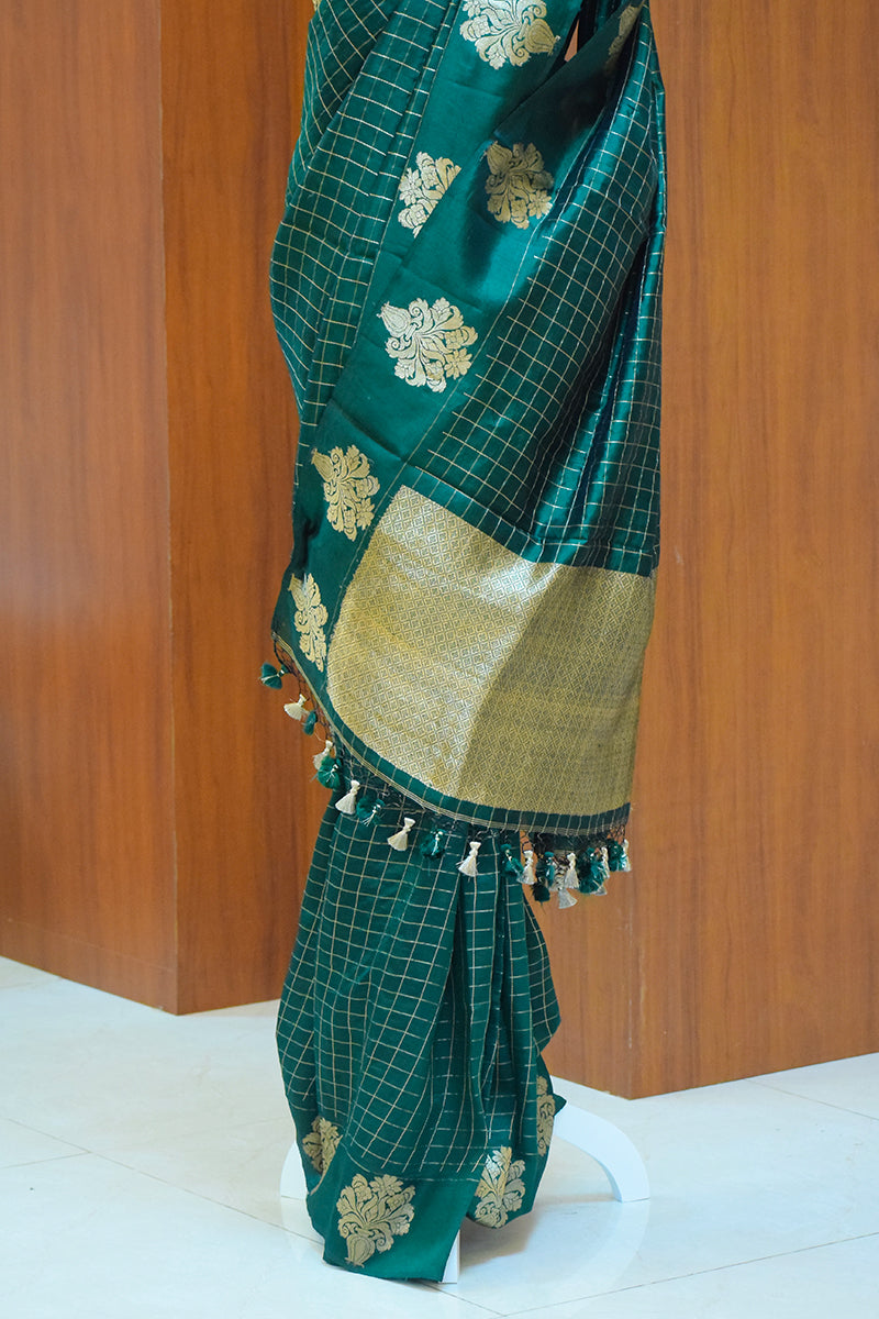 Pure Katan silk kadwa Banarasi saree with golden zari checks & floral motifs border-Bottle green