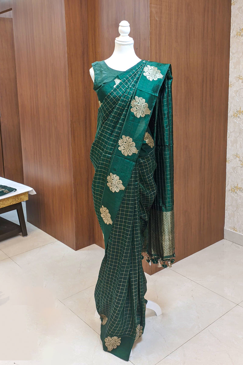 Pure Katan silk kadwa Banarasi saree with golden zari checks & floral motifs border-Bottle green