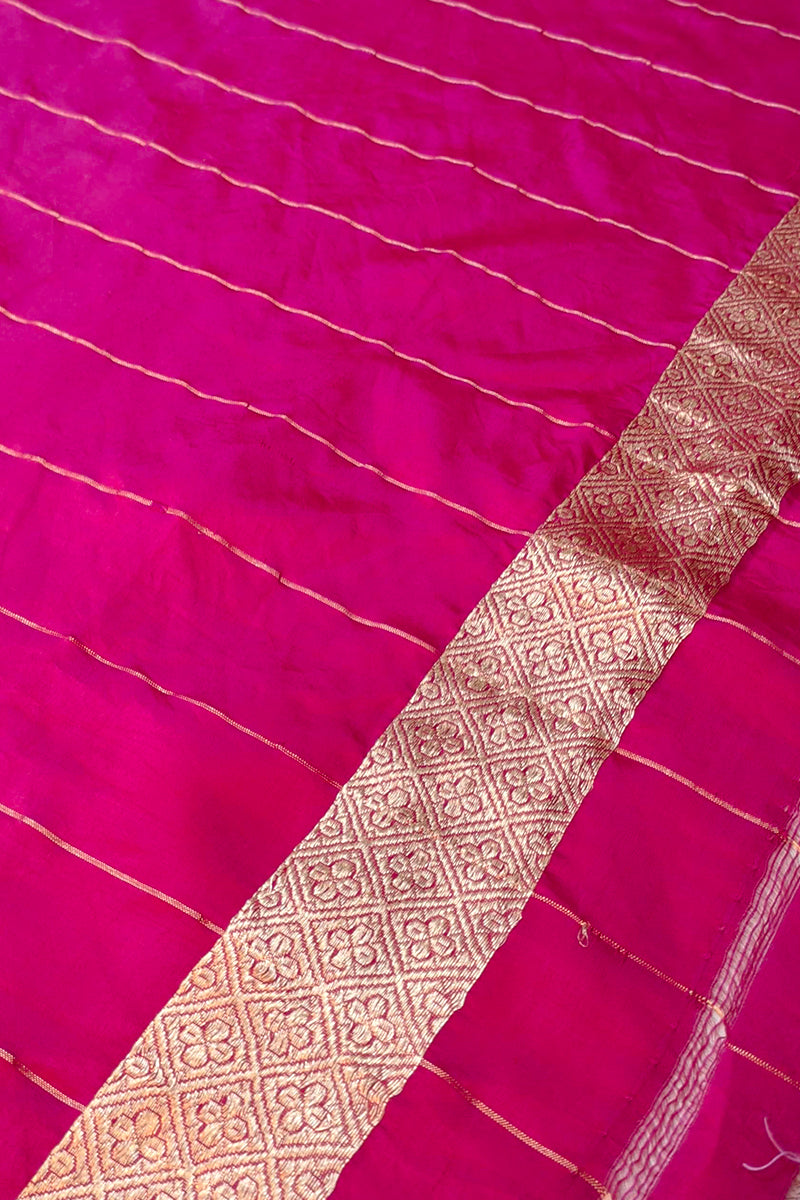 Pure Katan silk kadwa Banarasi saree with golden zari checks & floral motifs border-Rani pink