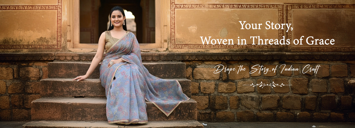 Woman in a saree sitting on steps with text about 'Your Story, Woven in Threads of Grace' and 'Drape the Story of Indian Craft'.