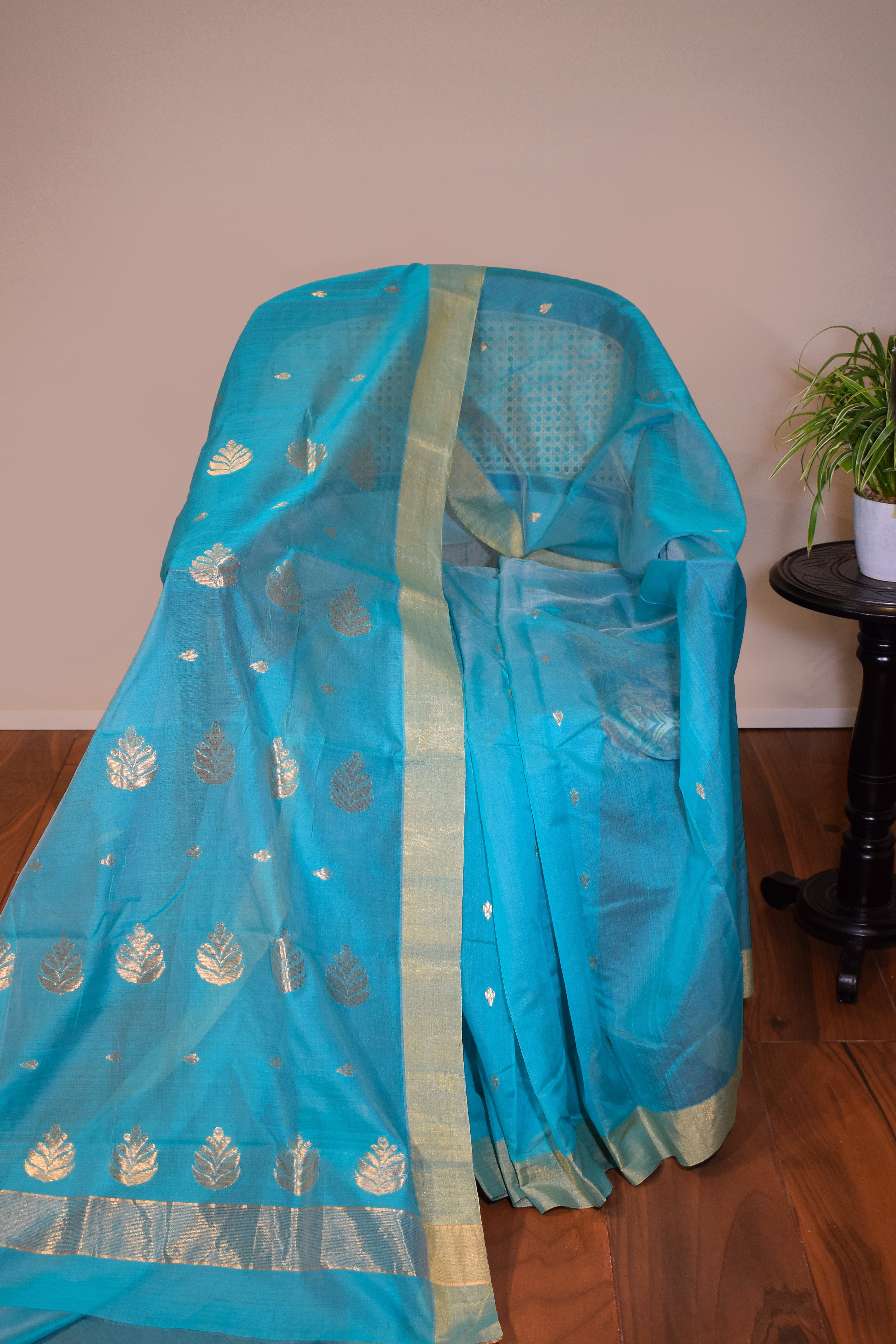 Pure handloom chanderi saree with golden zari weaving-Coppersulphate blue