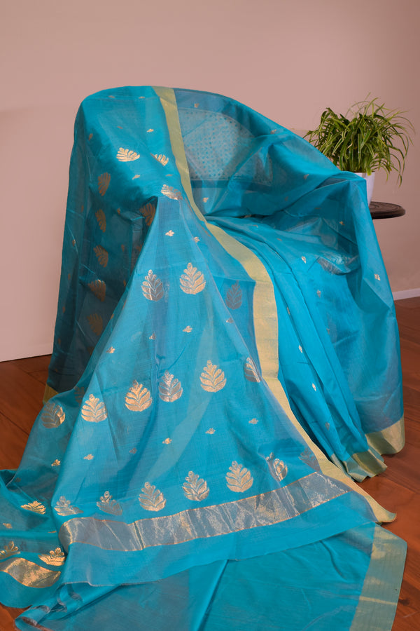 Pure handloom chanderi saree with golden zari weaving-Coppersulphate blue